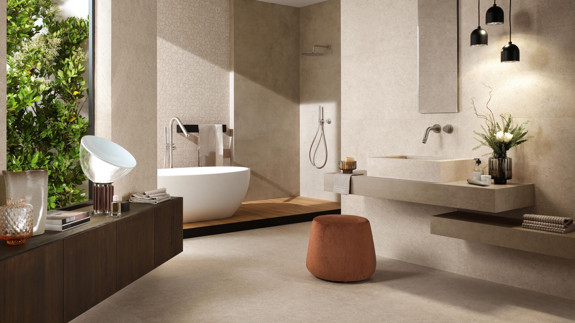 Atlas Concorde Boost Stone Ivory in een lichte badkamer