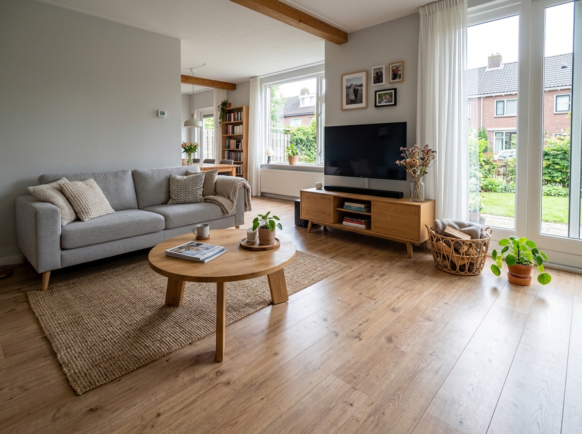 Lichte woonkamer met houtlook vloer, voorbeeldruimte in de TegelViewer
